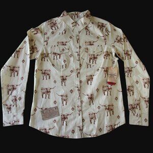 Cotton Rye Women's Long Sleeve Aztec Steer Longhorn Snap Shirt Ivory